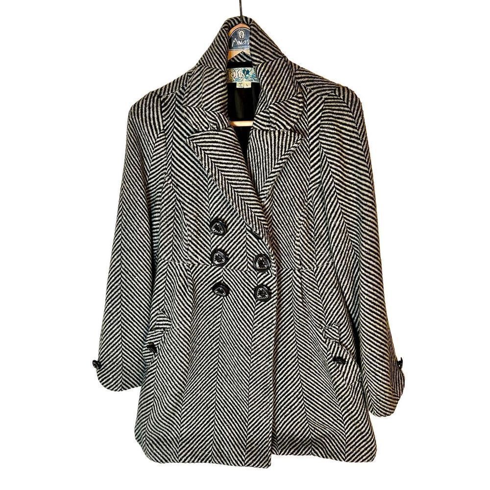 JOIT Black & White Herringbone Double Breasted Coat Size Large